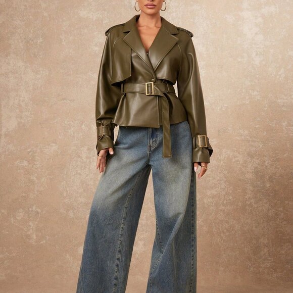 Army Green Casual Women's Long Sleeve faux leather mini Trench Coat - Picture 4 of 7